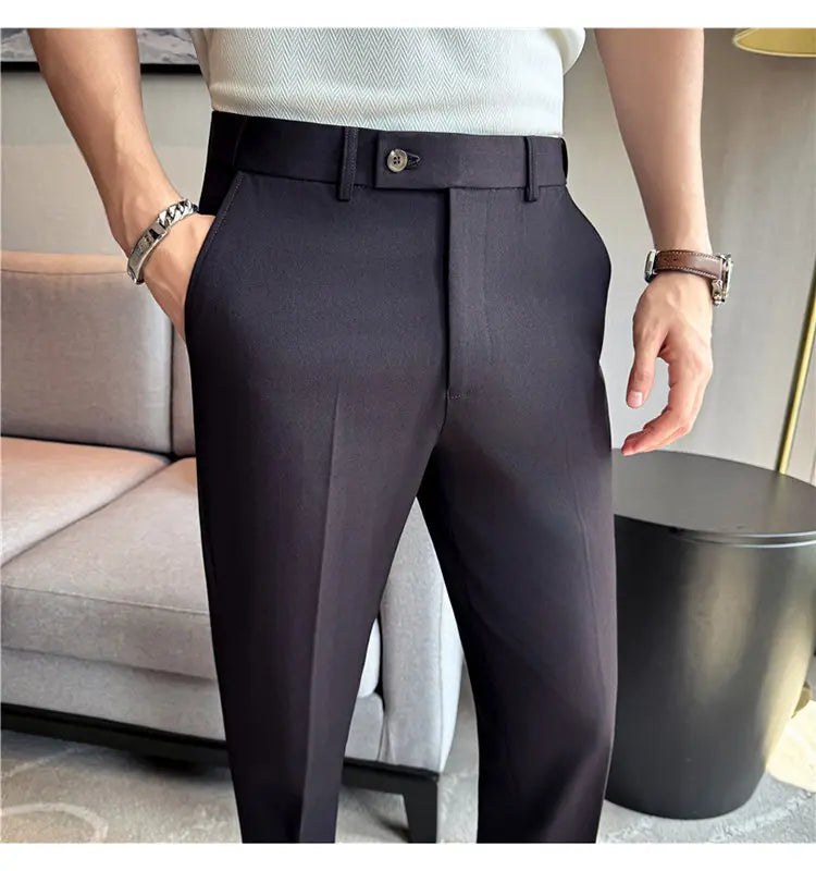 Autumn Winter Thicken Elastic Waist Casual Suit Pants High Quality Men Woven Dark Striped Slim Fit Office Social Dress Trousers