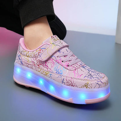 4 Wheel Dual-Use Roller Skates with Detachable Wheels ,Sneakers with LED Boys Girls Shoes with Wheels,Speed Skate Sizes 29-42