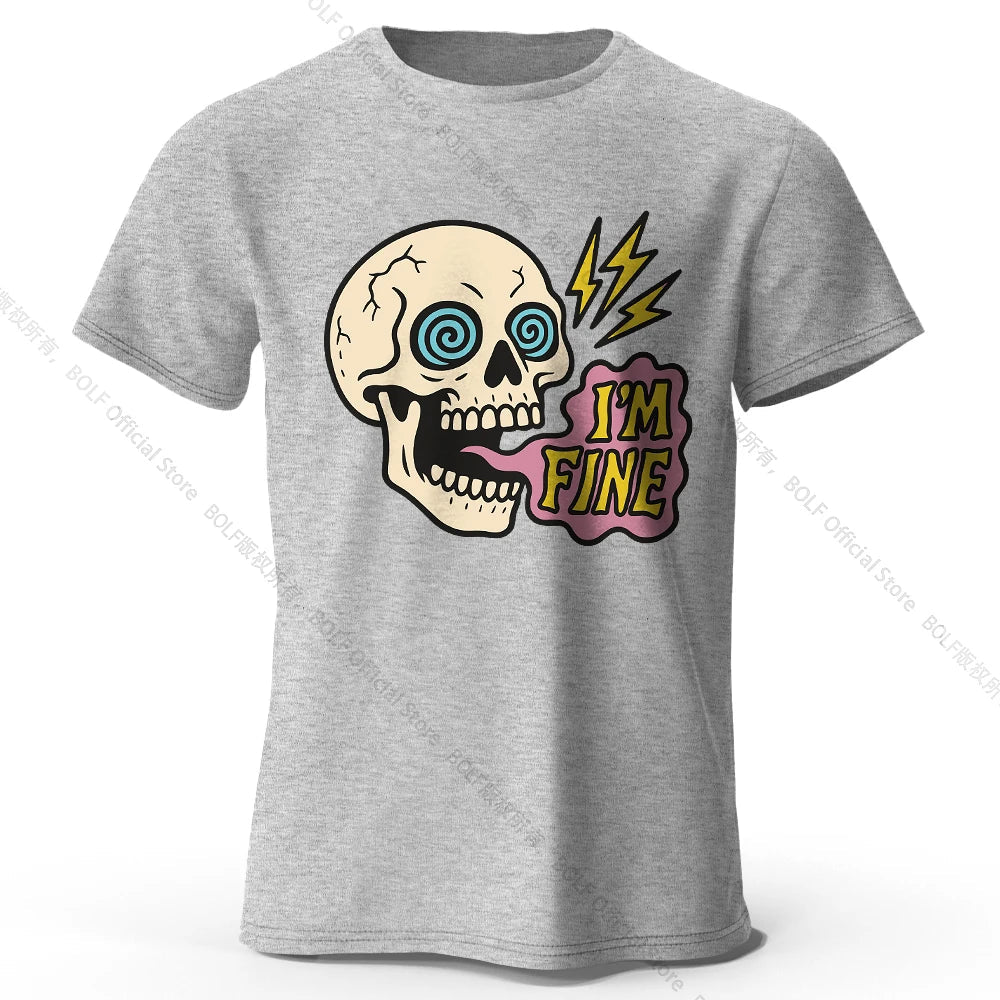 Men's I Am Fine Printed T-Shirt 100% Cotton Oversized Sarcastic Graphic Tees for Women Summer Tops Mood Streetwear