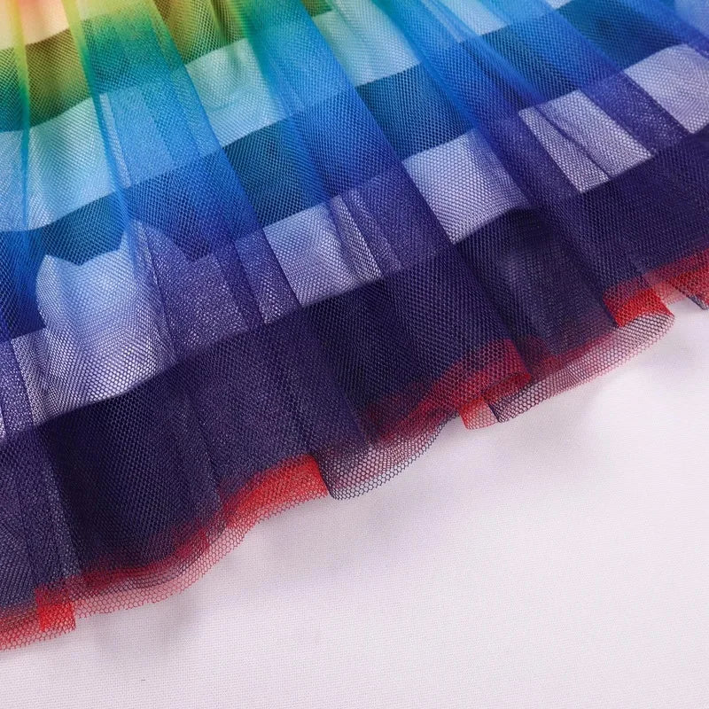 Girls Rainbow Striped Halloween Costume Cat Cosplay 2Pcs Sets For Children Summer Clothing Birthday Gifts Suit