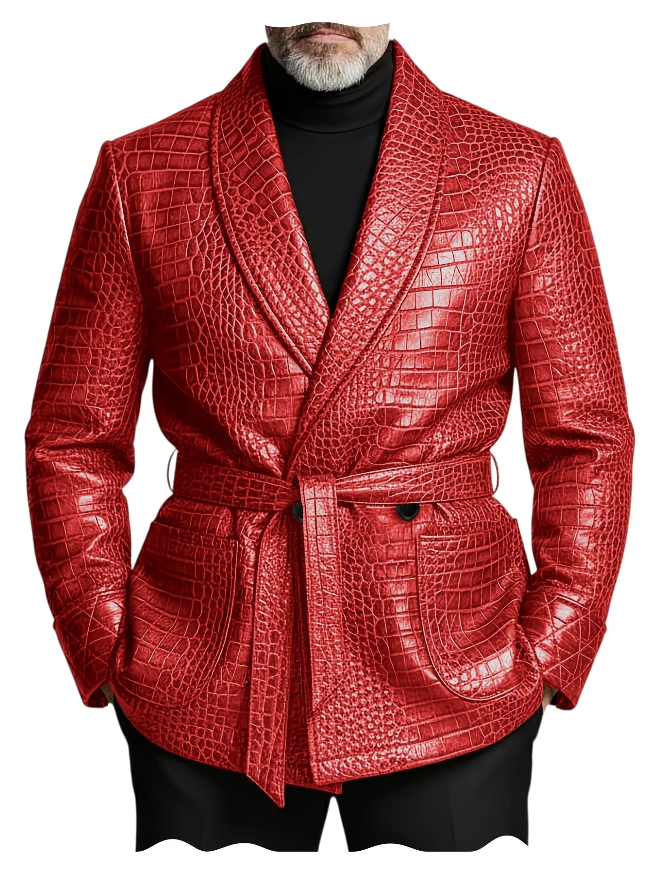  Men's Crocodile Pattern Leather Blazer Double Breasted Belted Shawl Collar Jacket Business Formal Party Wedding Casual Wear
