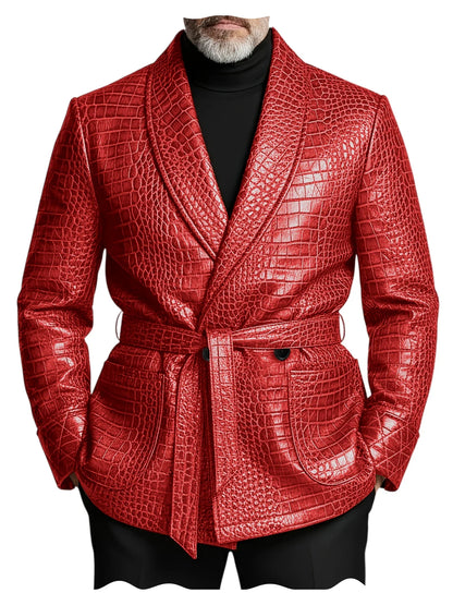  Men's Crocodile Pattern Leather Blazer Double Breasted Belted Shawl Collar Jacket Business Formal Party Wedding Casual Wear