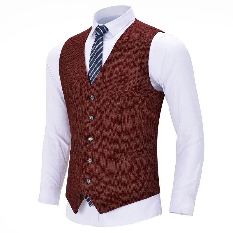 Men Vest Red Solid V Neck Herringbone Waistcoat For Wedding Business Birthday Banquet Work Set Men Suit Vest