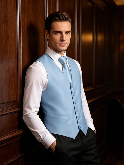 Light Blue Solid Satin Waistcoat 4-In-1 Kit Tie Square Cufflinks For Spring Bridal Shower Outdoor Wedding