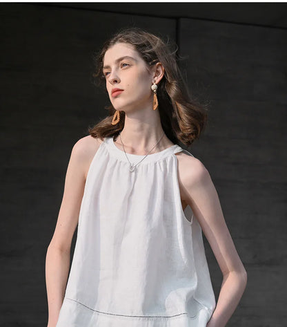 100% Linen Halter Tops Women 2026 Summer New Round Neck Sleeveless Tank Top French Office Ladies Loose Camisoles
