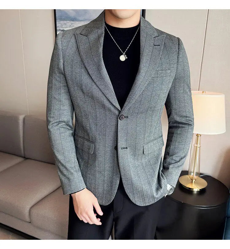 Men's Herringbone Stripe Suit Blazer Classic Lapel Dress Jacket Elegant Slim Fit Fashion Simple Casual Business Prom Suit Jacket