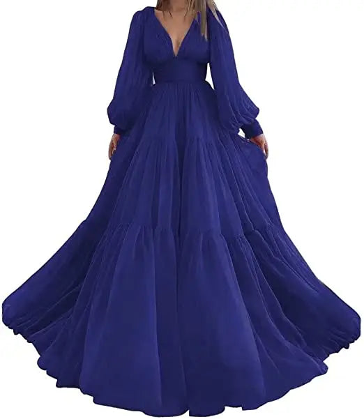 Pleat Tulle Princess Prom Gown V-Neck Long Puff Sleeve Plus Size Evening Gown Elegant Dress Women for Wedding Party