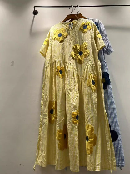 2026 Mori girl sweet blue yellow striped floral embroider patchwork dress for women summer Japan style 100% cotton long dress