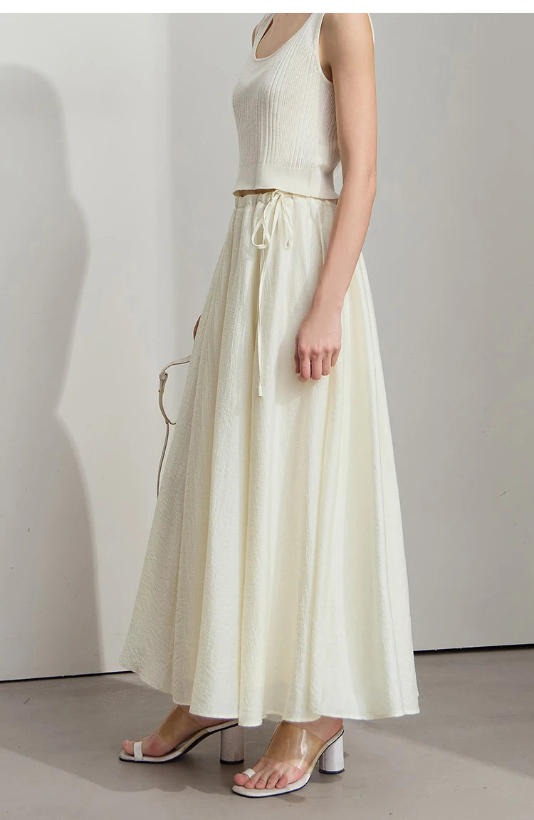 Minimalist New Summer Knee Length A-line Skirt Women Adjustable Drawstring Solid Color Commuting Style Loose Skirt 12522025