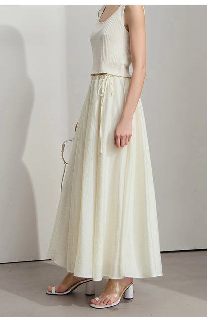 Minimalist New Summer Knee Length A-line Skirt Women Adjustable Drawstring Solid Color Commuting Style Loose Skirt 12522025