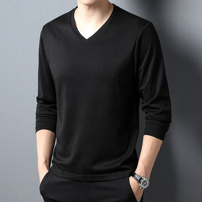 Minimalist Men's V-neck Long Sleeve T-shirt Soft Knitted Fabric Comfortable Top for All Seasons