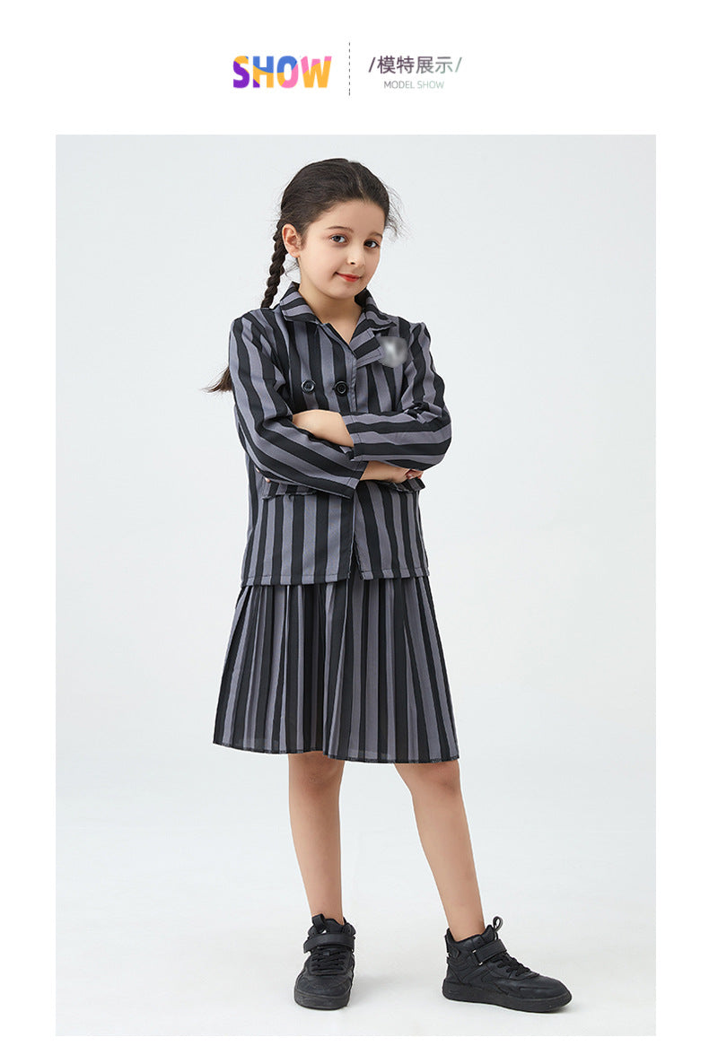 Girl Addams Family Halloween Cosplay Costume Girls Gray Purple Wednesday Addams Uniform Suit Skirts Wig Hand Wednesday Clothes