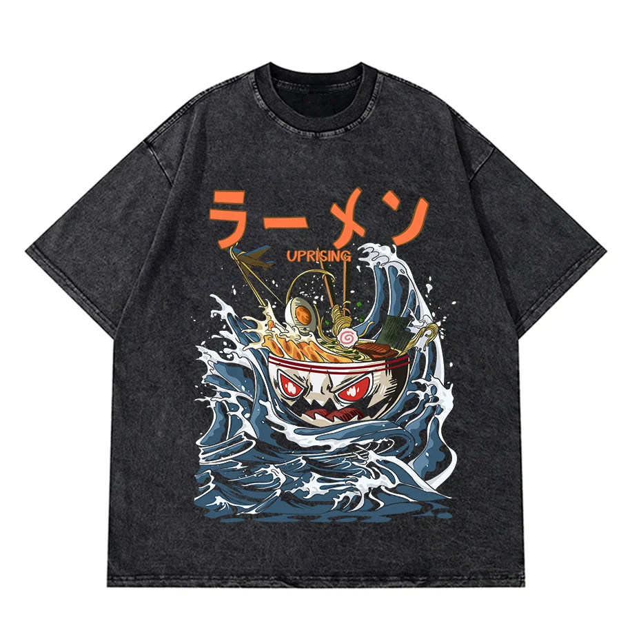 Anime Pain Printed T Shirt Men Retro Washed 100% Cotton Tops Tees Harajuku Tshirt 2023 Streetwear Hip Hop Male T-shirts
