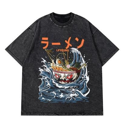 Anime Pain Printed T Shirt Men Retro Washed 100% Cotton Tops Tees Harajuku Tshirt 2023 Streetwear Hip Hop Male T-shirts