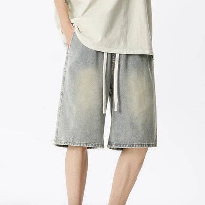 Casual Denim Shorts Men Elastic Waist Straight Comfortable Light Blue Soft Short Pants Baggy Wide Bermuda Male Jeans