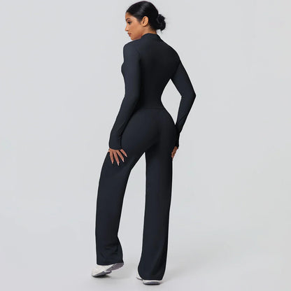 2pieces Quick Drying Sports Fitness Clothing Yoga Set Women Yoga Zipper Long Dleeves High Waisted Breathable Wide Leg Pants Set