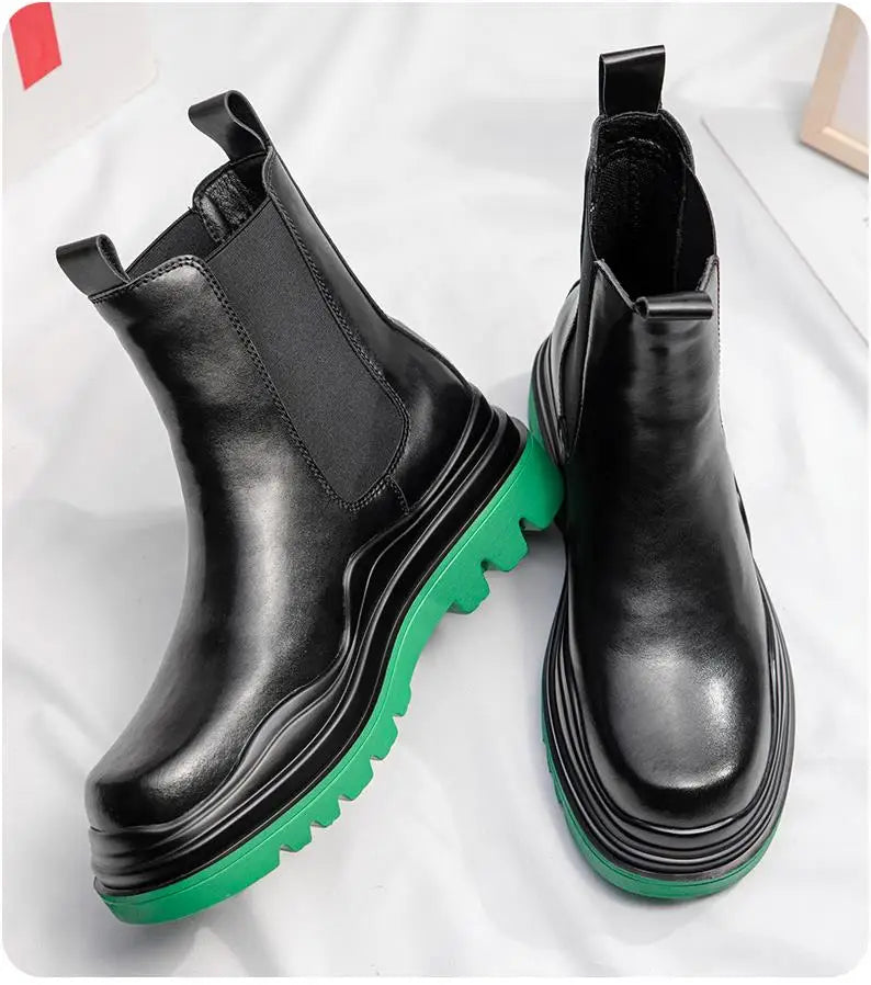 Fashion Mens Sheoes Platform Chelsea Boots Thick Bottom Split Leather Ankle Boots Male Footwear Round Toe Short Boots
