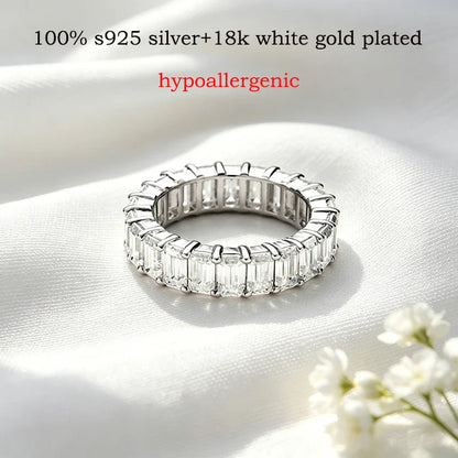 18k Plated 3*5mm Emerald Cut Moissanite Rings for Women Halo Full Eternity Bands Wedding Jewelry S925 Sterling Silver