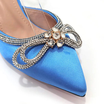 2023 Ladies Pointed-Toe Party High Heels Magenta Colour Bow Rhinestone Stereo Bag Evening  African Wedding Shoe And Bag Set