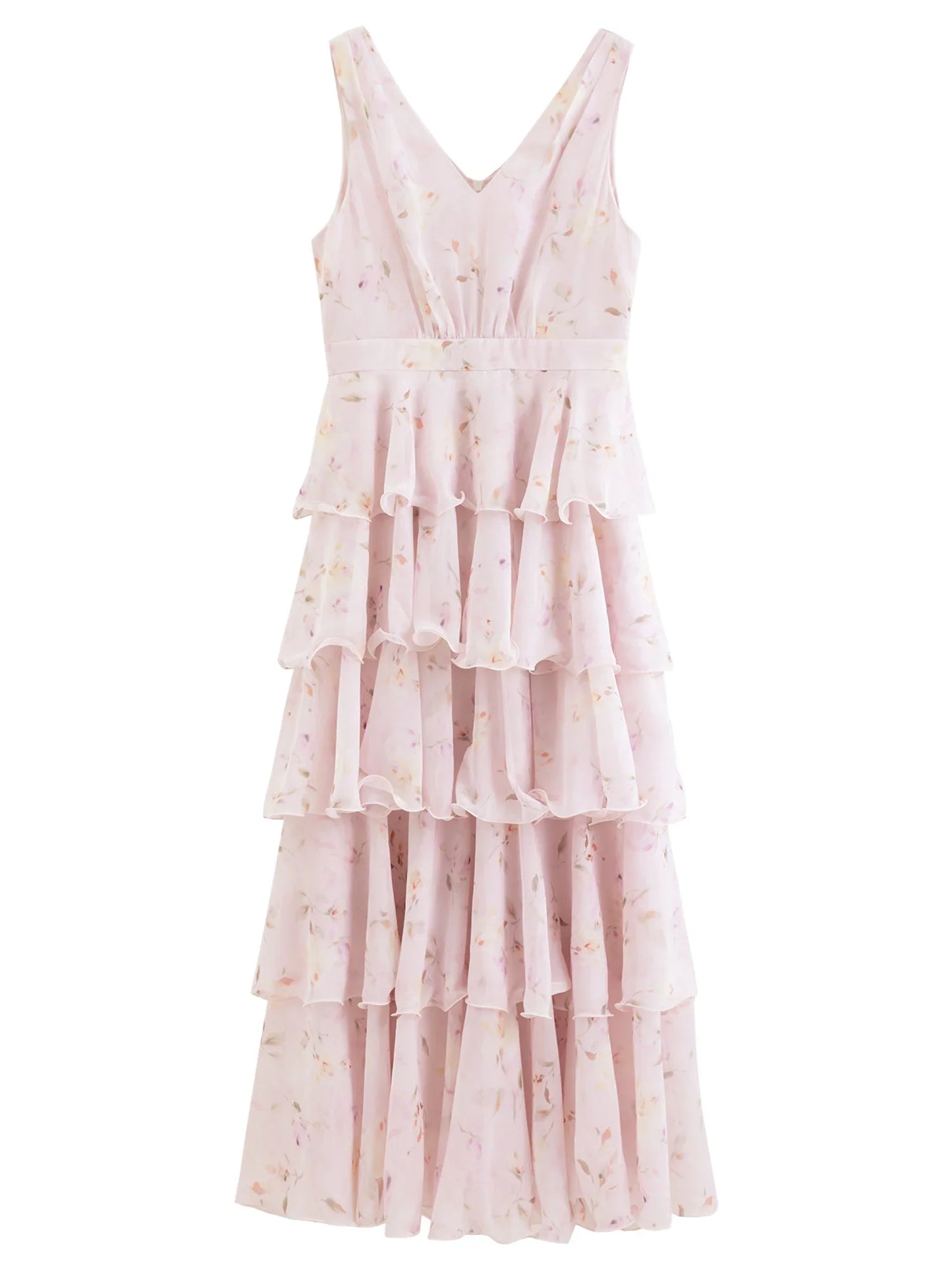 2026 Summer French-Inspired Floral Ruffle Hem Sleeveless V-Neck Tiered Maxi Dress - Romantic for Vacation and Daily Wear