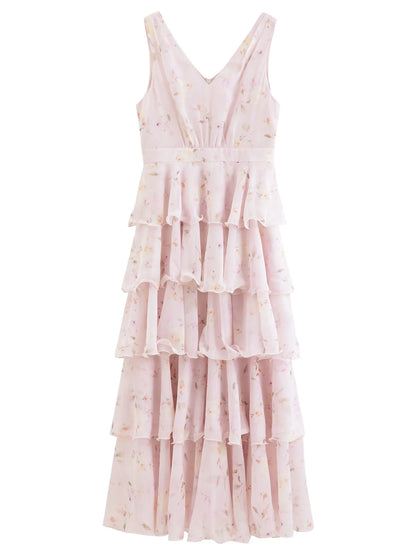 2026 Summer French-Inspired Floral Ruffle Hem Sleeveless V-Neck Tiered Maxi Dress - Romantic for Vacation and Daily Wear