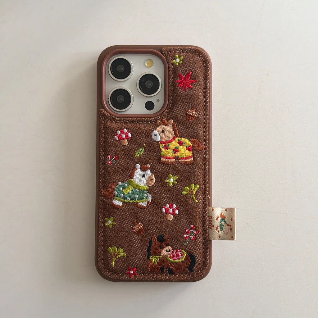 Cute Brown Embroidered Pony Mushroom With Lanyard Shockproof Protective Phone Cover Case for iPhone 17 16 15 14 Pro Max