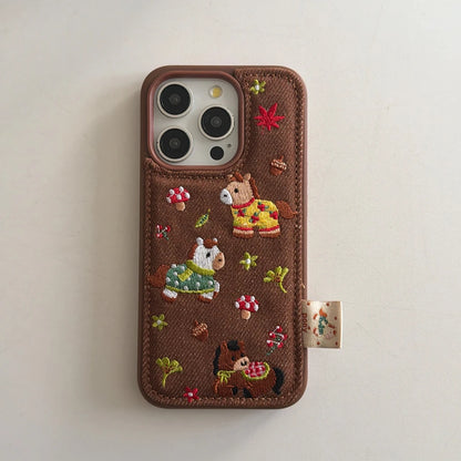 Cute Brown Embroidered Pony Mushroom With Lanyard Shockproof Protective Phone Cover Case for iPhone 17 16 15 14 Pro Max
