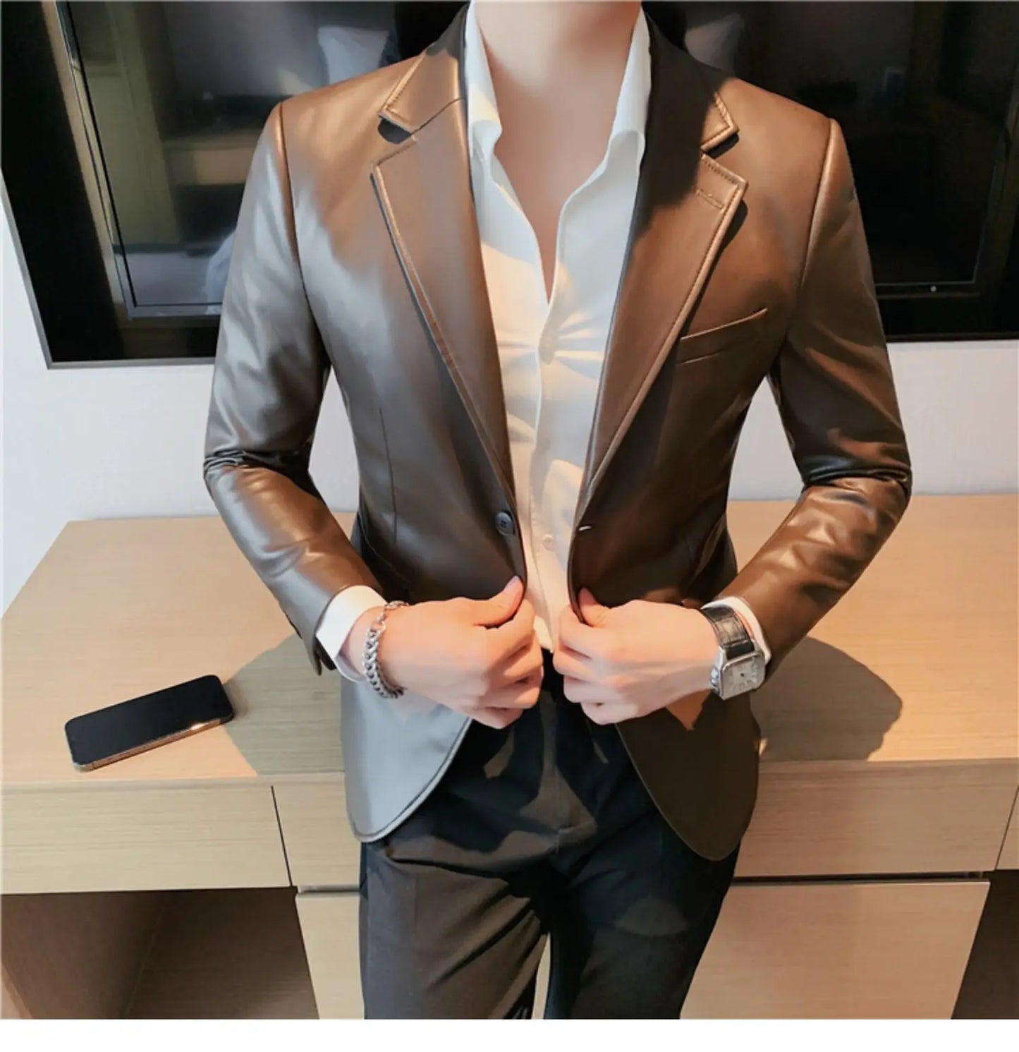 Men's Leather Jacket 2024 Autumn Highend Fashion Solid Slim Fit Business Blazers Coats Korean Casual PU Leather Suit Tuxedo