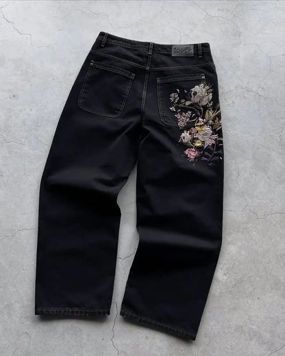 D4C JoJo  Y2K Men High Waist Baggy Jeans Women Pink Heart Side Embroidery Loose Fit Washed Denim Pants Streetwear Wide Leg Pants