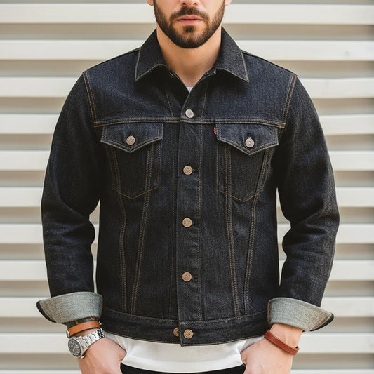 Vintage 14.8oz Washed Denim Type III Jacket Classic Solid Slim Fit Coat Cotton Denim Jacket for Men Spring and Autumn Tops