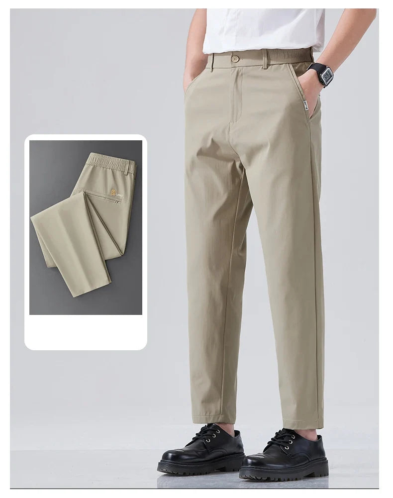 2026 Spring Summer Thin Ice Silk Suit Pants Men's Business Straight Slim High Elastic Ankle Length Casual Pants Male