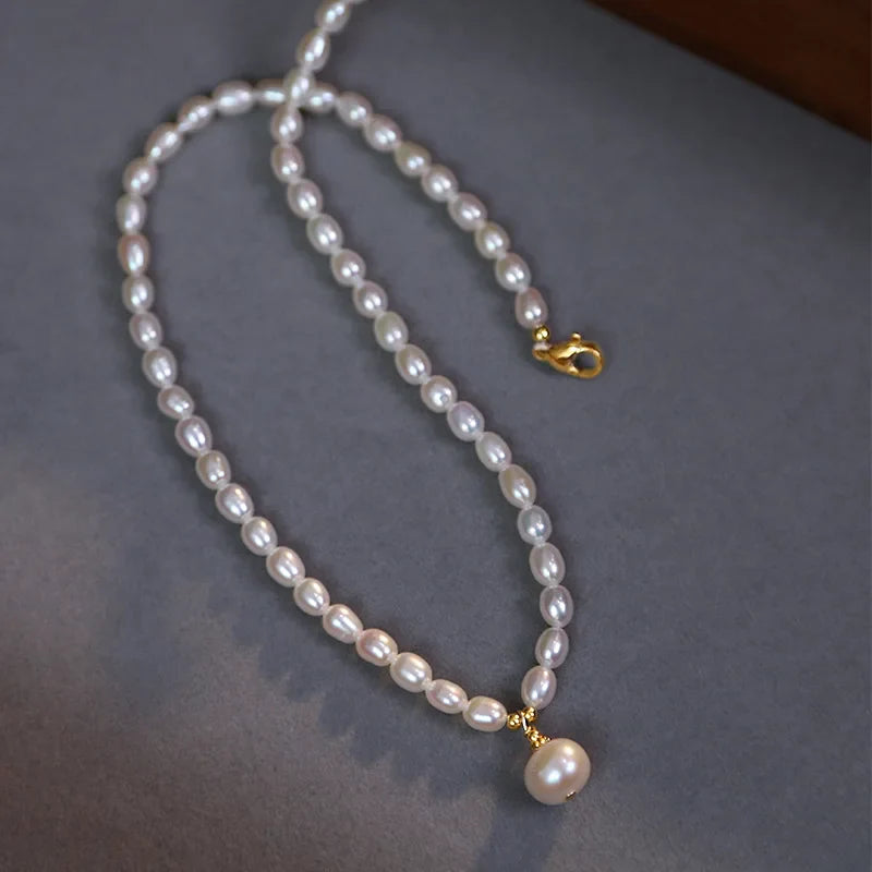 High Quality Rice Natural Freshwater Pearl Beaded Necklace for Women 14K Real Gold Plated Copper Strand Chokers Wholesale