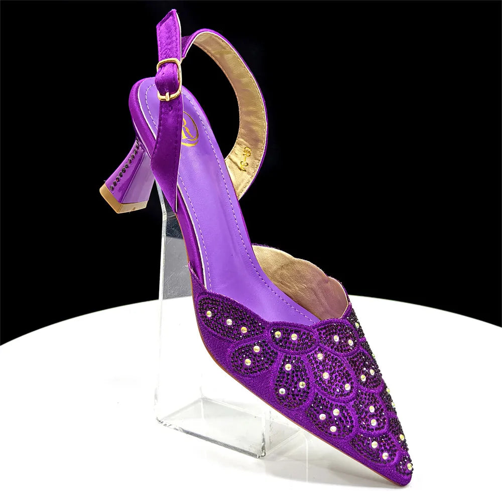 2026 Women's Blue Color Heels with Rhinestone Accents & Matching Bag Set - Elegant Italian Fashion Pointed Toe Design