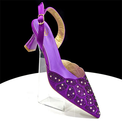 2026 New Shiny Italian Fashion Pointed Toe Women Heel Fashion Rhinestone Decoration Peach Color Shoes And Bag Set