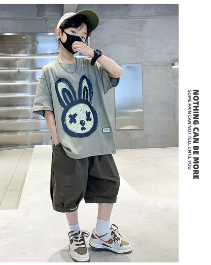 Summer Boys Cotton Leisure Cartoon Print T-Shirt Top+Shorts Pant Set School Kids 2PCS Tracksuit Children Vacation Outfit 5-16Yr