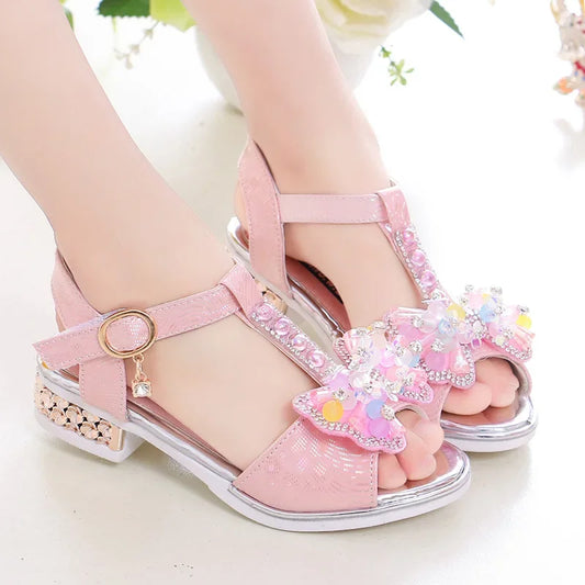 Girls Dance Shoes Non-slip Soft Sole Kids Princess Shoes T-strap Open Toes 2025 Summer New Children Sandals Sweet Bows Non-slip
