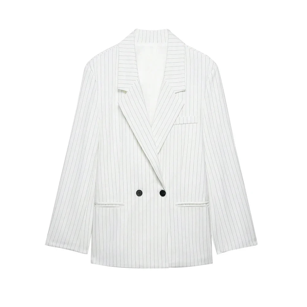 Women's Old Money Style Ovesized Striped Blazer Coat Long Sleeve Front Pockets Chic Oversize Top Female Outerwear