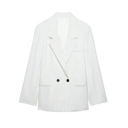 Women's Old Money Style Ovesized Striped Blazer Coat Long Sleeve Front Pockets Chic Oversize Top Female Outerwear