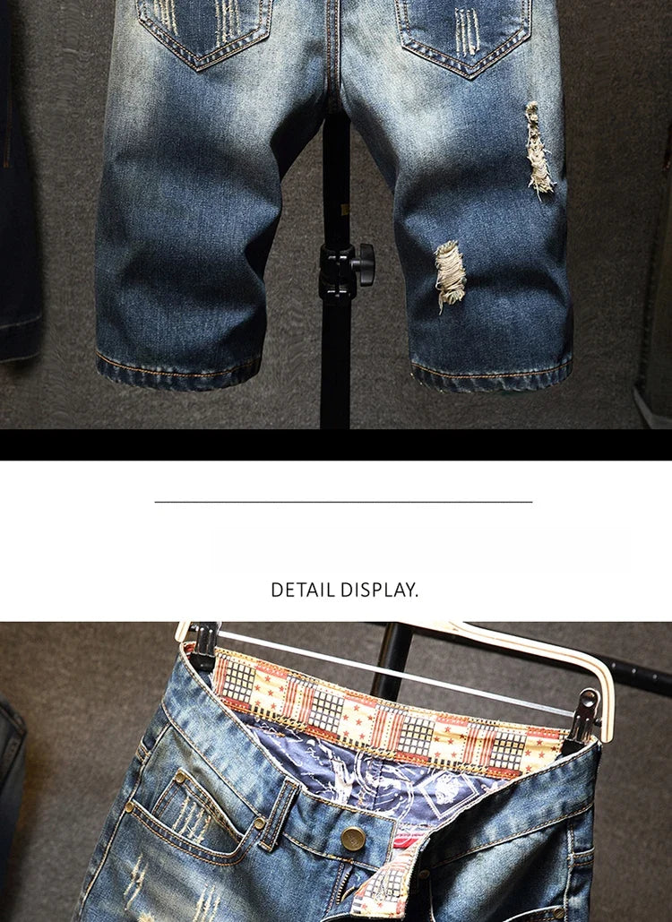 Streetwear Men's Ripped Denim Shorts Straight Slim Fashion Hip Hop Short Pants Big Hole Vintage Knee Length Jeans