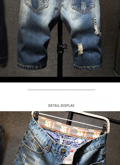 Streetwear Men's Ripped Denim Shorts Straight Slim Fashion Hip Hop Short Pants Big Hole Vintage Knee Length Jeans