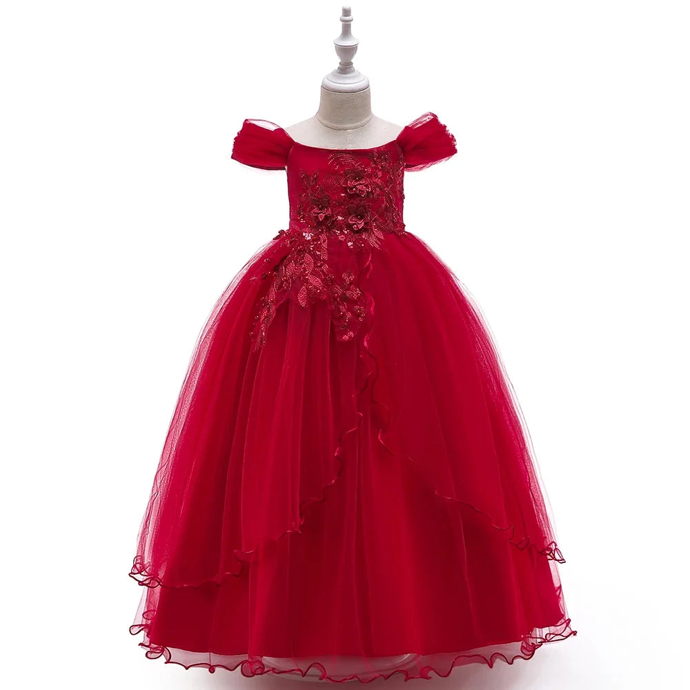 Elegant Wedding Bridemaids Party Girls Dress Tulle Bow Birthday Princess Dresses for Kids Flower Christmas Prom Evening Costumes