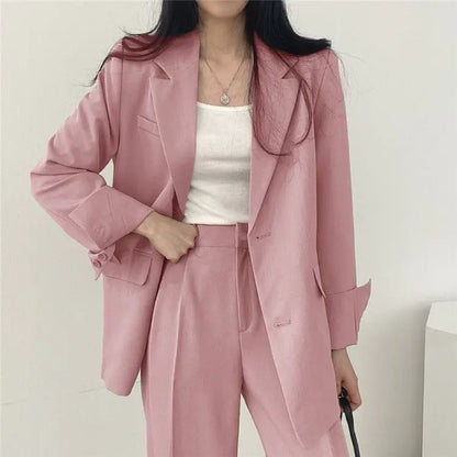 Casual Notch Lapel Suit Set with Button Thick Wide Leg Small Suit Pants High Waist Drape Polyester Business Lady Style Women