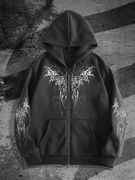 Best-selling Original Dark-style Printed Design Zipper Hooded Sweatshirt, Trendy Street Fashion Trend Zipper Hooded Sweatshirt