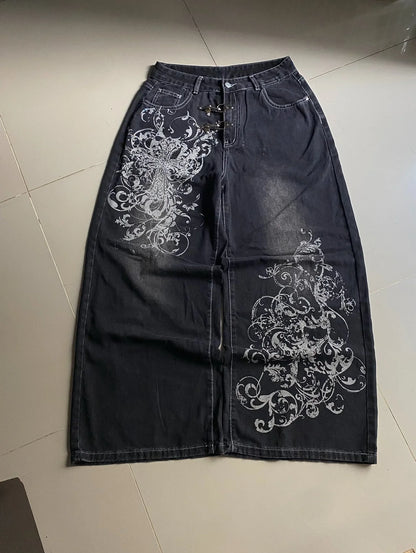 vintage style printing black baggy jeans harajuku trend men women hip hop fashion casual Joker couple Wide-leg pants streetwear