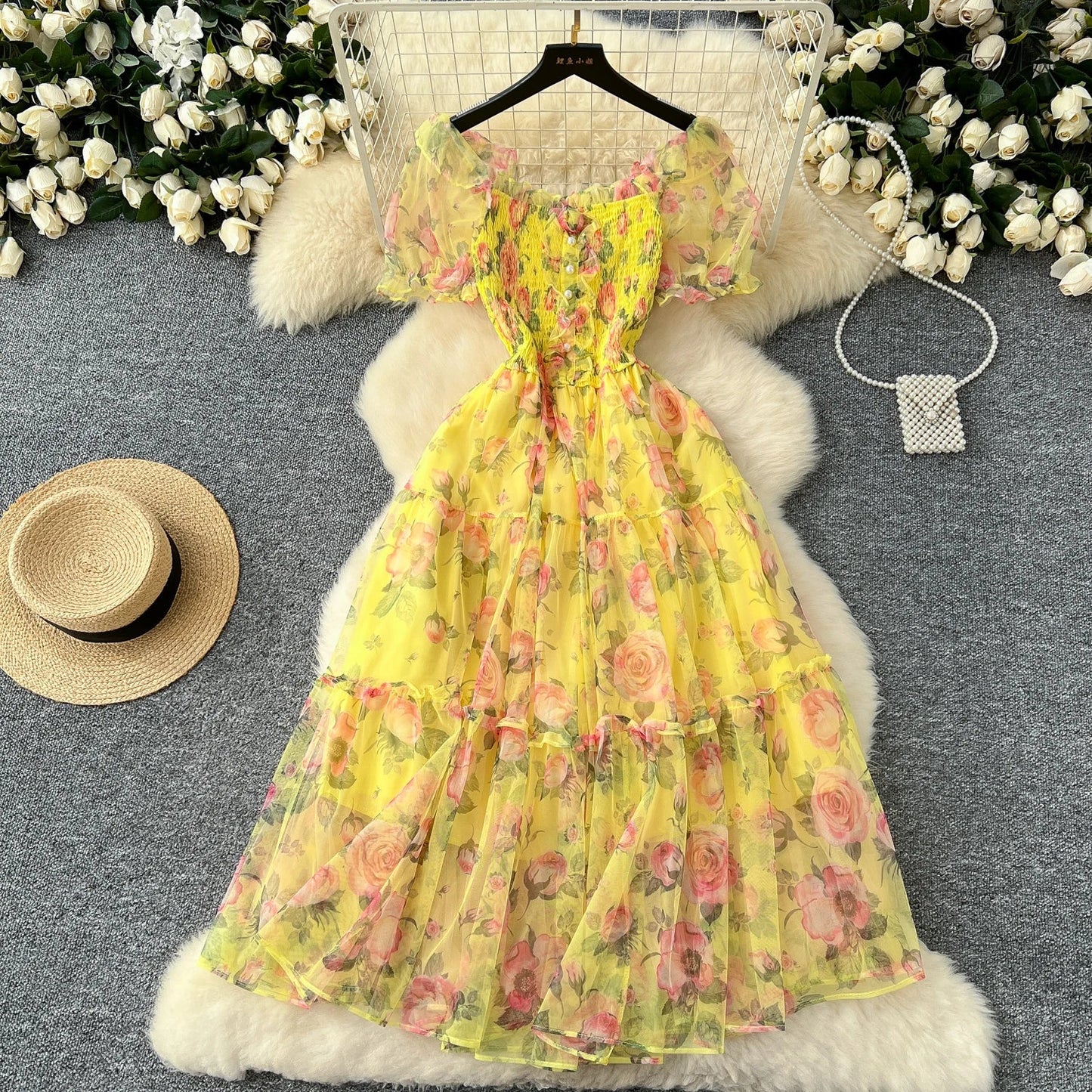 Retro Floral Chiffon Dr Women's Waist Cinched Bubble Sve Me Skirt Tea Break Gentle Soft Sle Korean High Waist A-Lin...