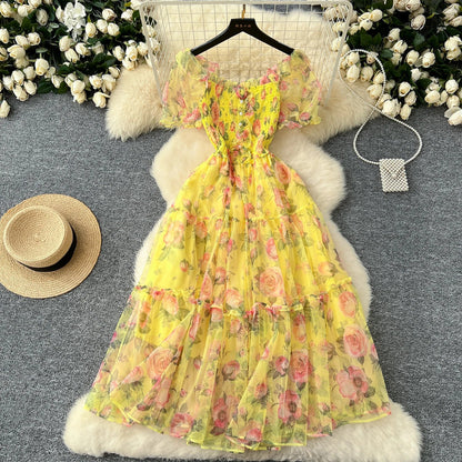 Retro Floral Chiffon Dr Women's Waist Cinched Bubble Sve Me Skirt Tea Break Gentle Soft Sle Korean High Waist A-Lin...