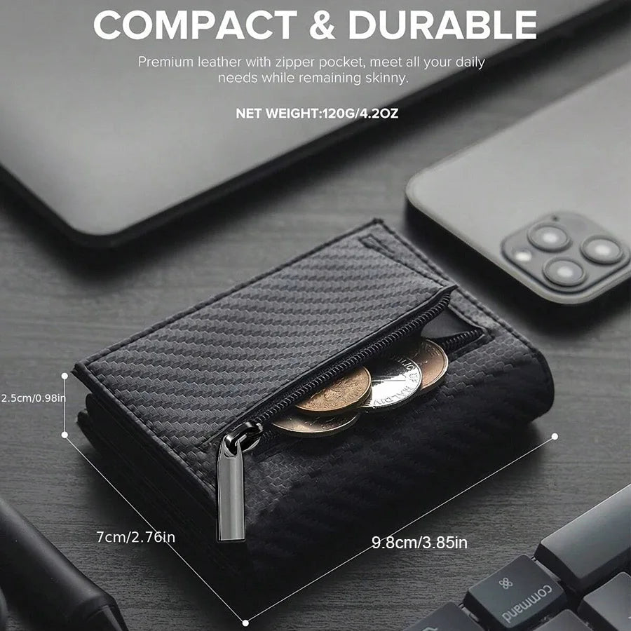 Portefeuille Homme avec Porte-Monnaie Zippé Porte-Cartes de Crédit Métallique à Éjection Automatique Bloqueur RFID Minimaliste Porte-Cartes de Visite Idée Cadeau
