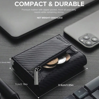 Portefeuille Homme avec Porte-Monnaie Zippé Porte-Cartes de Crédit Métallique à Éjection Automatique Bloqueur RFID Minimaliste Porte-Cartes de Visite Idée Cadeau