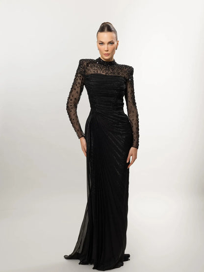 Women'S Formal Evening Gowns Customize Scoop Neck Beading Luxury Evening Dresses Long Sleeves Straight Floor-Length