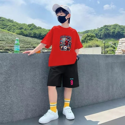 Summer Tees Football Famous General Print Set Suitable Children Short Sleeve Girls Boy Set Tshirt+Shorts 2pcs Kids Clothing